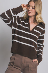 Brown V-neck Stripe Polo Sweater