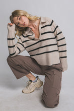 Beige V-neck Stripe Polo Sweater