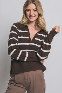 Brown V-neck Stripe Polo Sweater