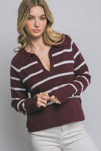Burgundy V-neck Stripe Polo Sweater