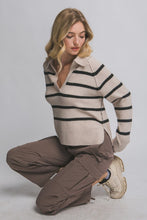 Beige V-neck Stripe Polo Sweater