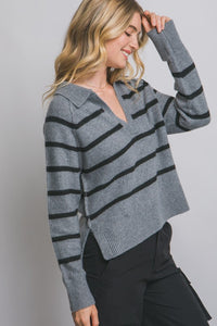 H.Grey V-neck Stripe Polo Sweater
