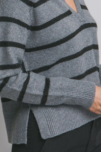 H.Grey V-neck Stripe Polo Sweater