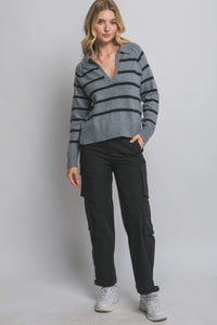 H.Grey V-neck Stripe Polo Sweater
