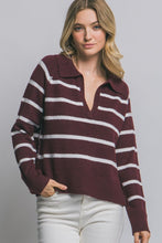 Burgundy V-neck Stripe Polo Sweater