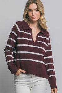 Burgundy V-neck Stripe Polo Sweater