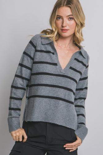 H.Grey V-neck Stripe Polo Sweater