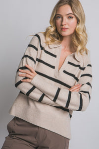 Beige V-neck Stripe Polo Sweater