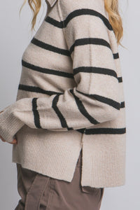 Beige V-neck Stripe Polo Sweater