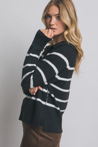 Black V-neck Stripe Polo Sweater