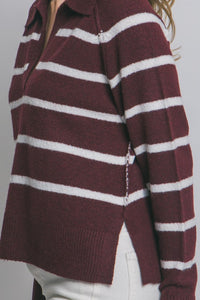 Burgundy V-neck Stripe Polo Sweater