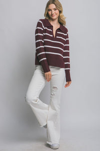 Burgundy V-neck Stripe Polo Sweater
