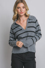 H.Grey V-neck Stripe Polo Sweater