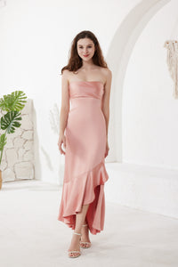 Rose Pink Strapless Ruffle Long Formal Dress