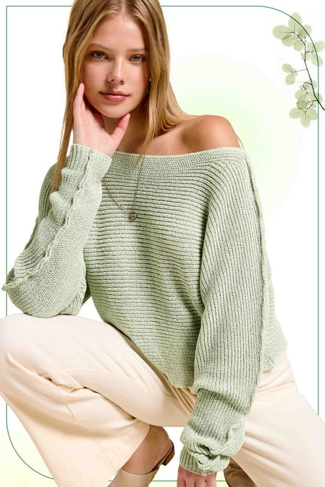 Frosty MintBoat Neck Off Shoulder Cozy Dolman Sleeve Sweater