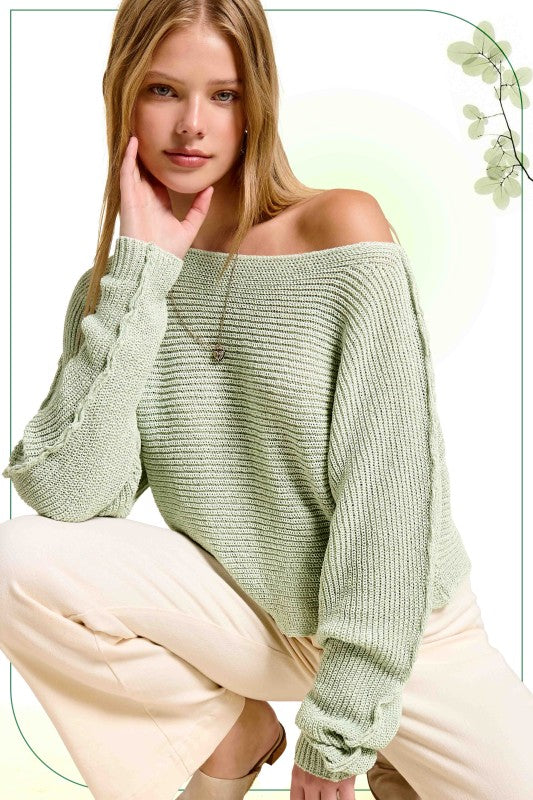 Frosty MintBoat Neck Off Shoulder Cozy Dolman Sleeve Sweater