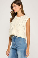 Off White Cable Knit Button Front Sleeveless Vest