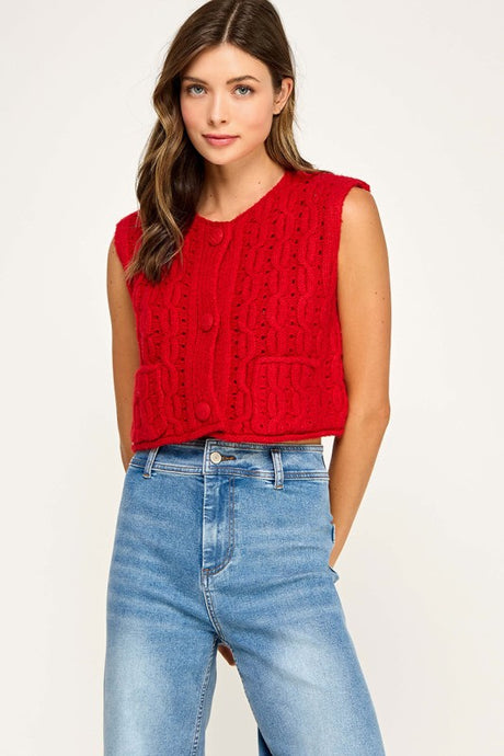 Red Cable Knit Button Front Sleeveless Vest