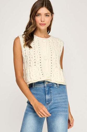 Off White Cable Knit Button Front Sleeveless Vest