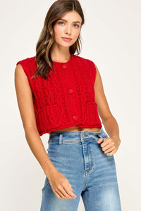 Red Cable Knit Button Front Sleeveless Vest