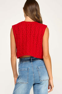 Red Cable Knit Button Front Sleeveless Vest