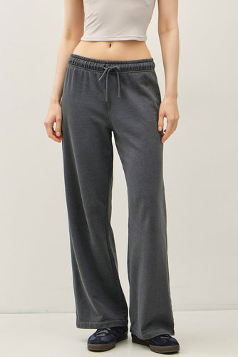 Charcoal Acid Wash Wide Leg Cotton Fleece Pants