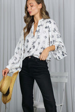 Cream/Black V-neck Long Puff Sleeves Western-inspired Shirt