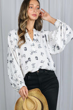 Cream/Black V-neck Long Puff Sleeves Western-inspired Shirt