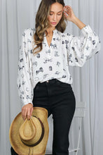 Cream/Black V-neck Long Puff Sleeves Western-inspired Shirt