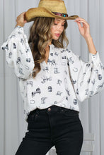 Cream/Black V-neck Long Puff Sleeves Western-inspired Shirt