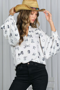 Cream/Black V-neck Long Puff Sleeves Western-inspired Shirt