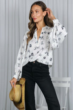 Cream/Black V-neck Long Puff Sleeves Western-inspired Shirt