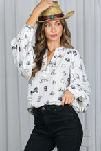 Cream/Black V-neck Long Puff Sleeves Western-inspired Shirt