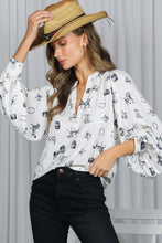 Cream/Black V-neck Long Puff Sleeves Western-inspired Shirt