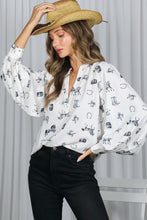 Cream/Black V-neck Long Puff Sleeves Western-inspired Shirt