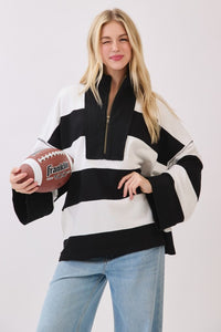 Black/White Game Day Varsity Stripe Zip Pullover