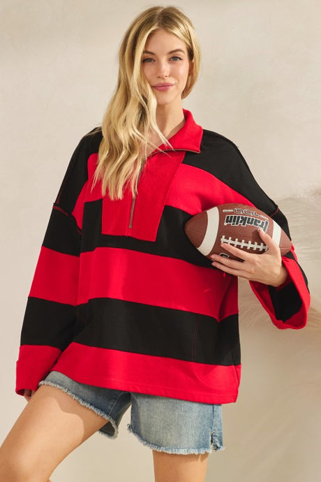 Red/Black Game Day Varsity Stripe Zip Pullover