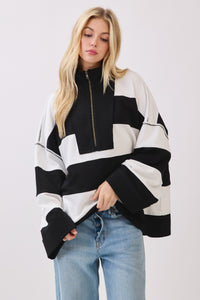 Black/White Game Day Varsity Stripe Zip Pullover