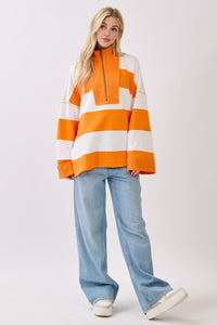 Orange/White Game Day Varsity Stripe Zip Pullover