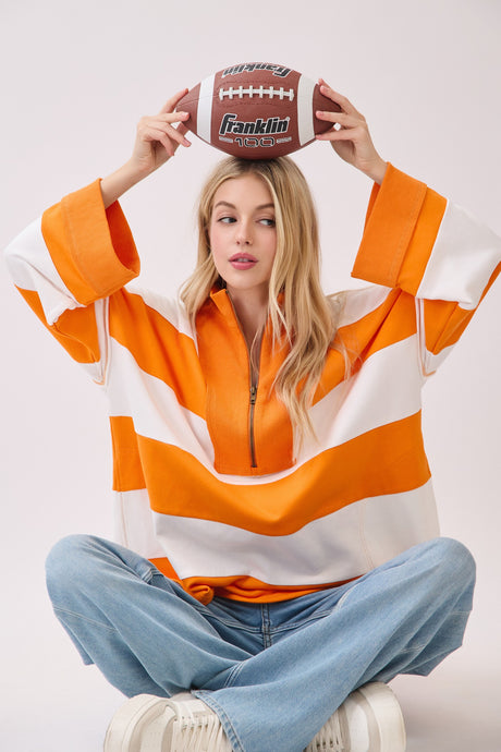 Orange/White Game Day Varsity Stripe Zip Pullover