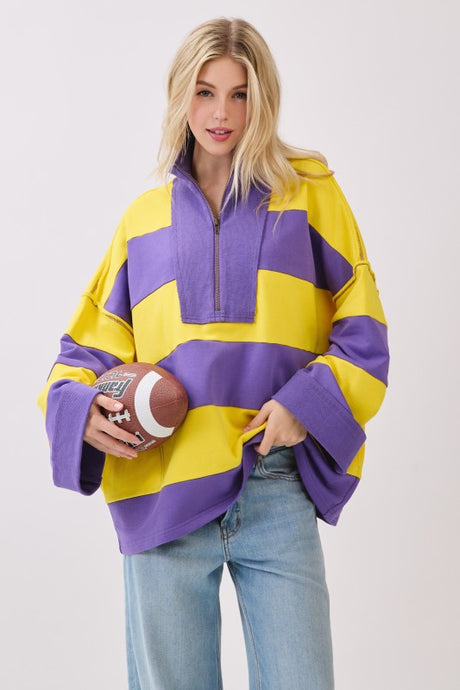 Purple/Yellow Game Day Varsity Stripe Zip Pullover