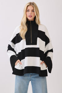 Black/White Game Day Varsity Stripe Zip Pullover