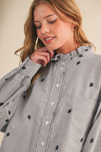 Black Stripe Embroidered Mock Neck Striped Button Up Top