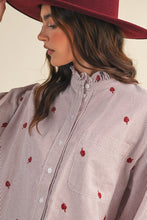 Amber Stripe Embroidered Mock Neck Striped Button Up Top