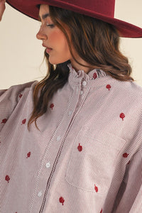 Amber Stripe Embroidered Mock Neck Striped Button Up Top