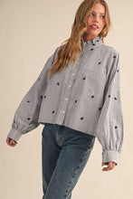 Black Stripe Embroidered Mock Neck Striped Button Up Top
