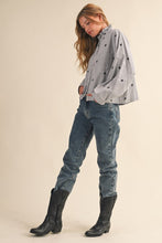 Black Stripe Embroidered Mock Neck Striped Button Up Top