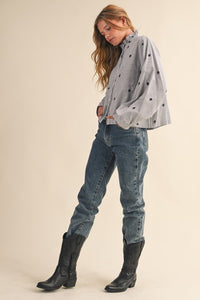 Black Stripe Embroidered Mock Neck Striped Button Up Top