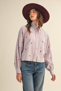Amber Stripe Embroidered Mock Neck Striped Button Up Top