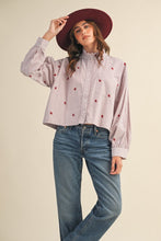 Amber Stripe Embroidered Mock Neck Striped Button Up Top